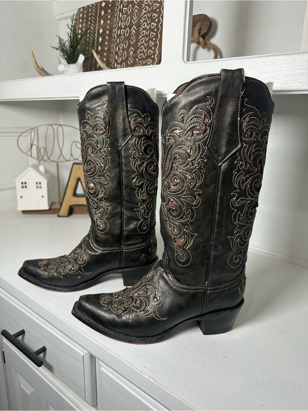 Ferrini Cowboy Boots Womens 8.5B Black Leather Embroidered Western Cowgirl Boots